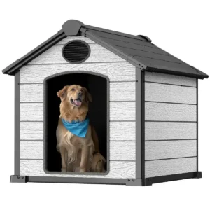 Large Dog House Outdoor Weatherproof, Insulated Igloo Dog House with Elevated Floor, 3XL Big Dog House for 2 Large Dogs Outside, Extra Durable Resin Plastic, Cemented Grey